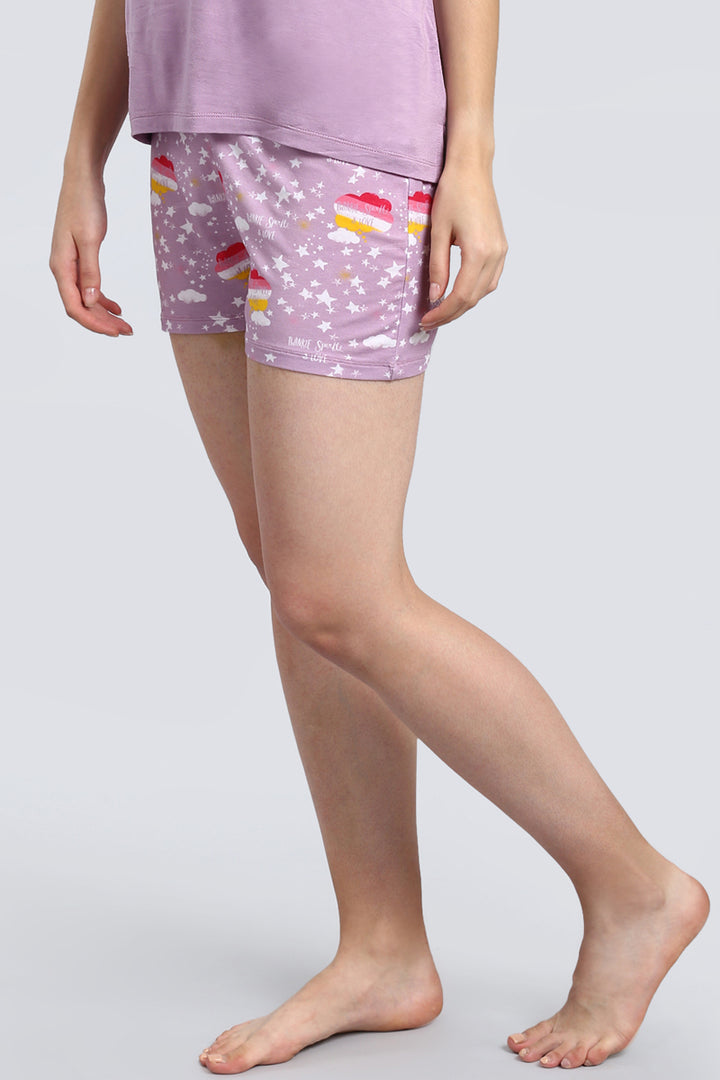 Day Dream Sparkle Shorts in lavender with playful cupcake and star patterns.