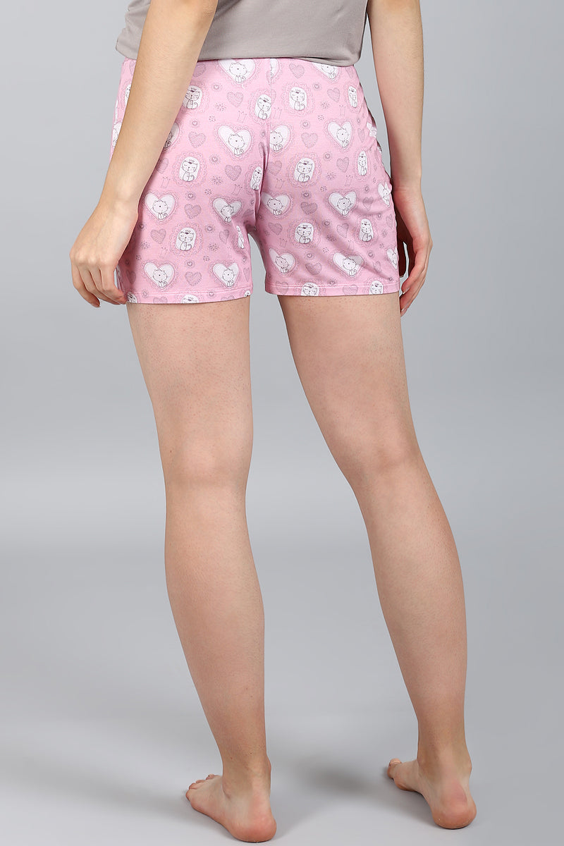 Back view of Sassy Kitty Shorts Set in pink cat print.