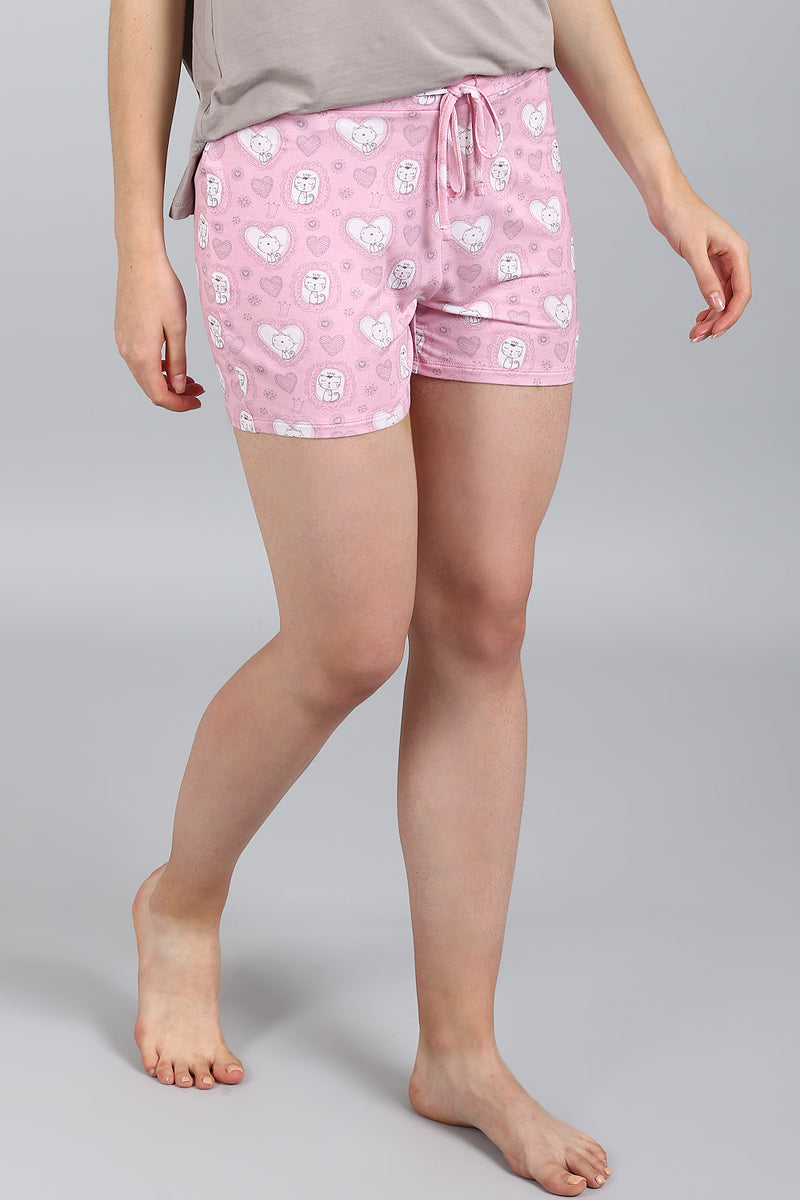 Sassy Kitty Shorts Set in pink with cute cat designs.