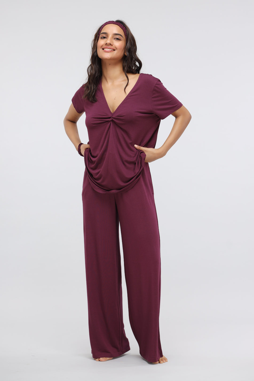 Wine Flared Modal Lounge Set with Knot Top