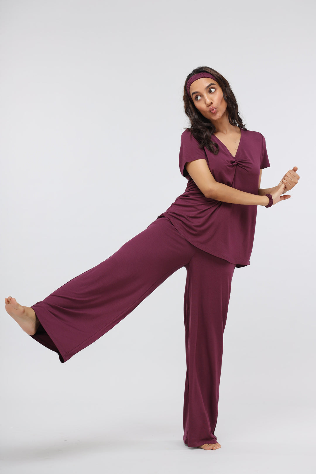 Wine Flared Modal Lounge Set with Knot Top