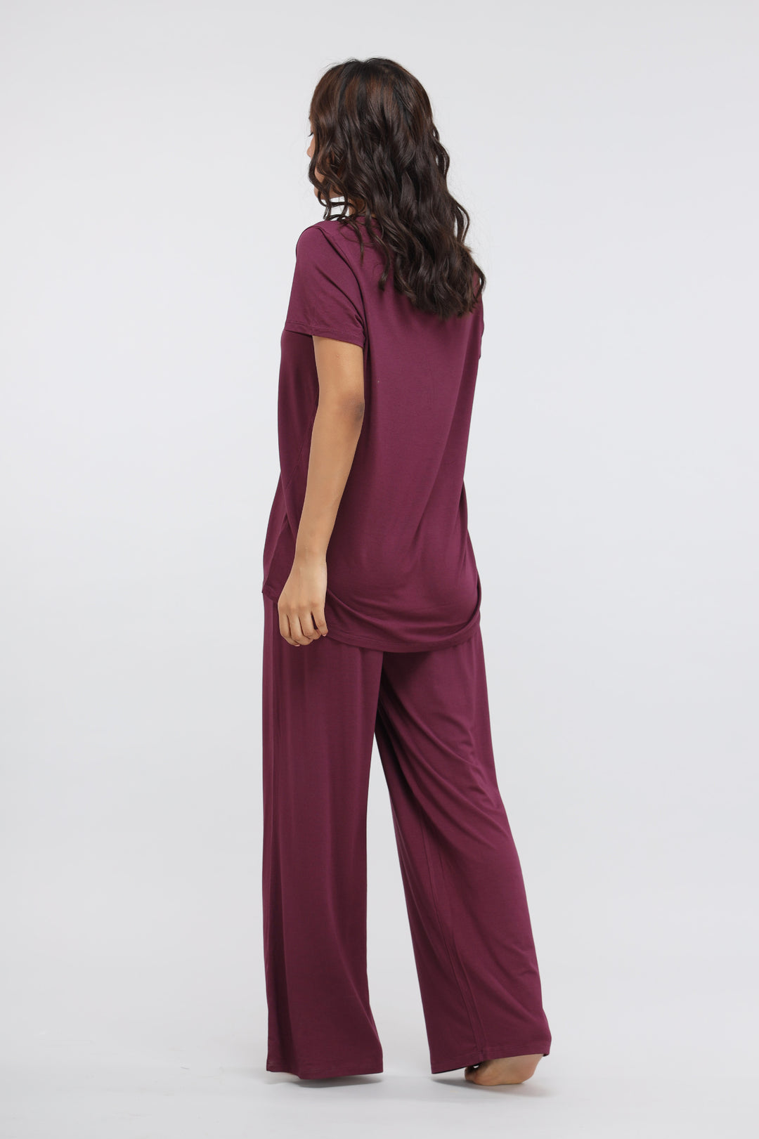 Wine flared modal lounge set with knot top, stylish and comfortable outfit.