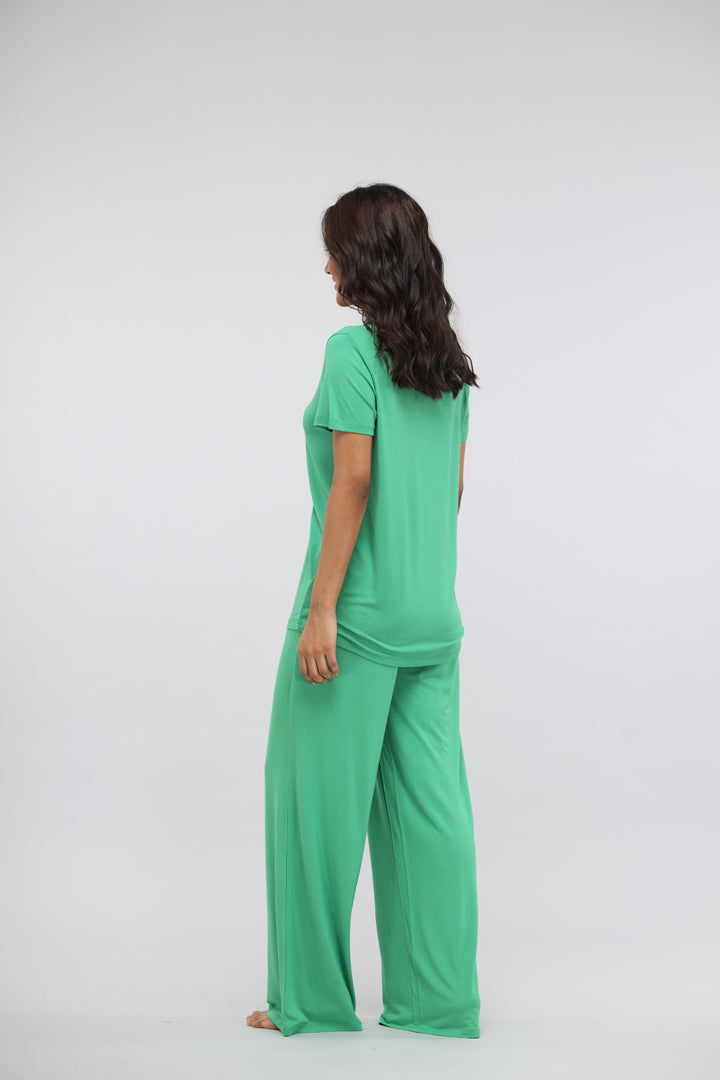 Green Bee Flared Modal Lounge Set with Knot Top, stylish and comfortable outfit.