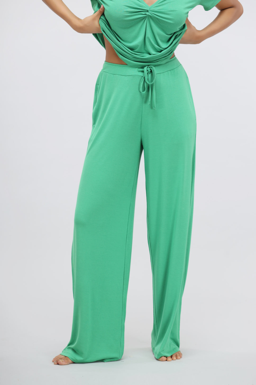 Green Bee Flared Modal Lounge Set featuring a stylish knot top.