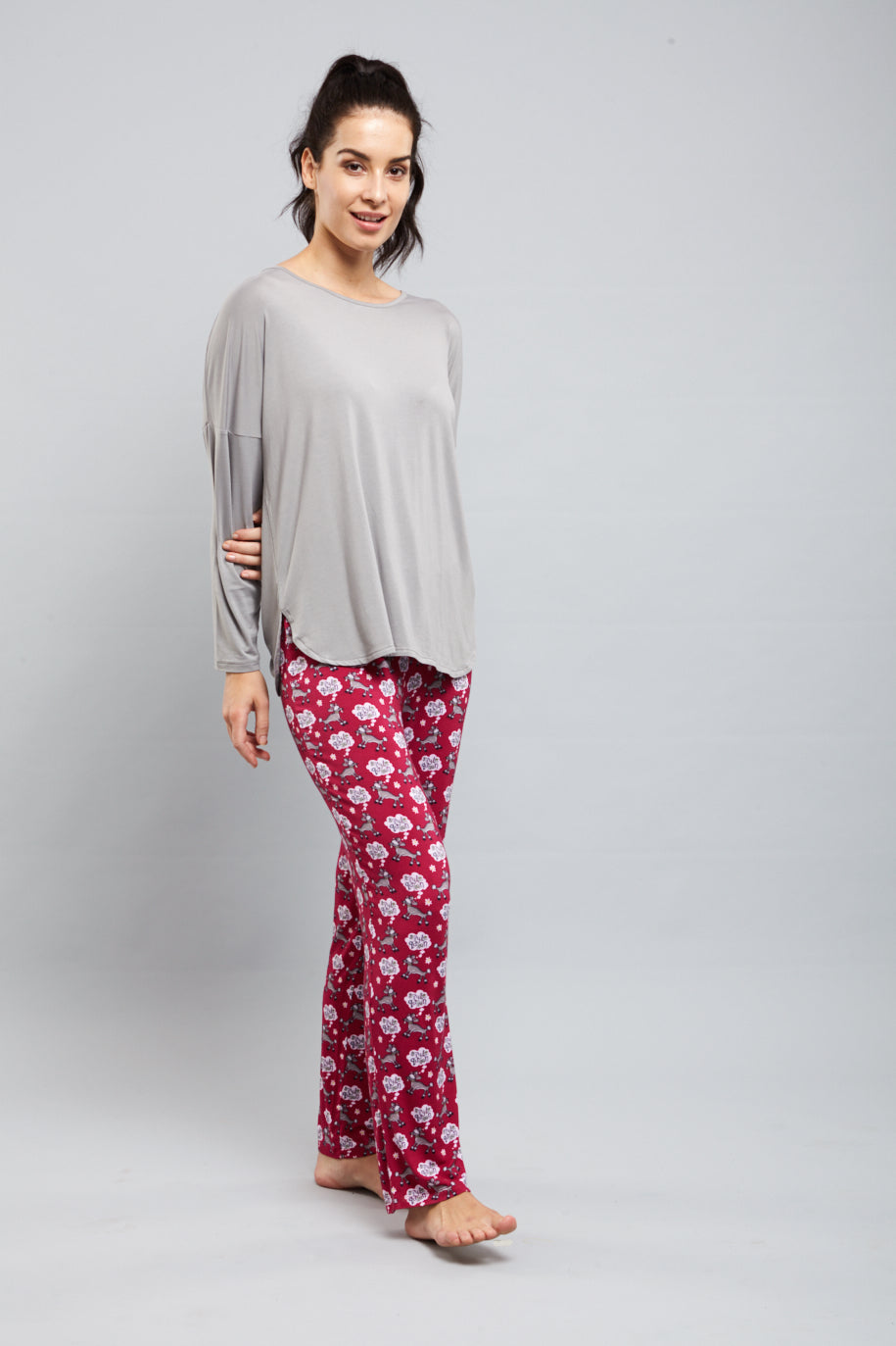 Style Queen Pajamas featuring a comfortable gray top and floral pants.