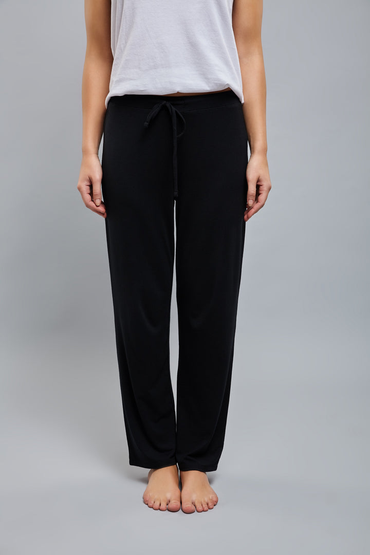 Comfortable black lounge pants for relaxation and de-stressing.