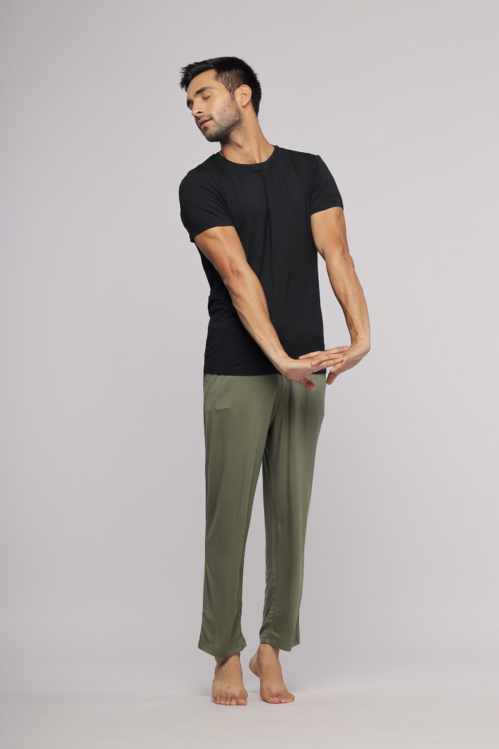 Men's lounge set featuring an army green bottom and black top.