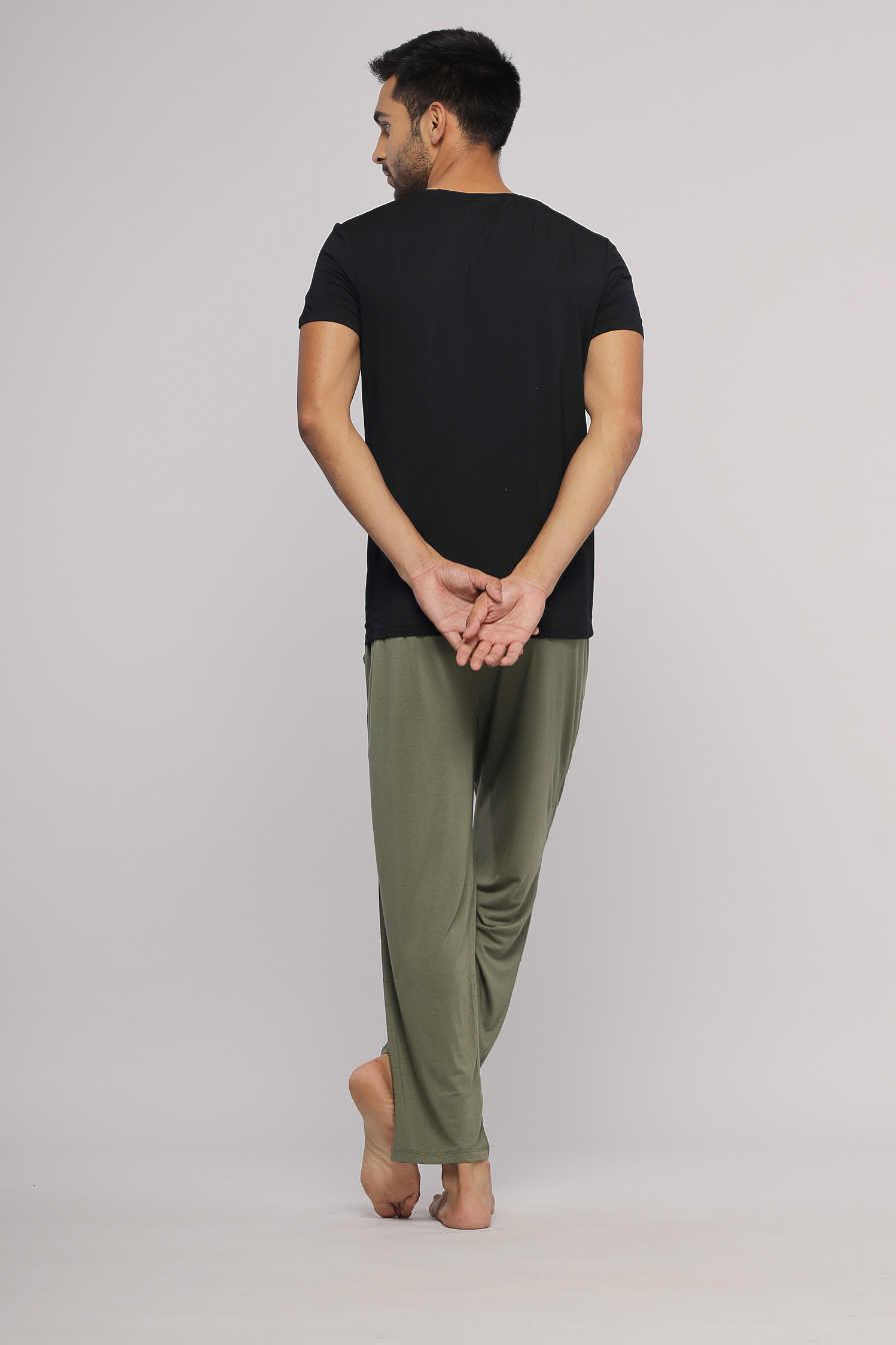 Army green men's lounge set featuring a black t-shirt and matching pants.