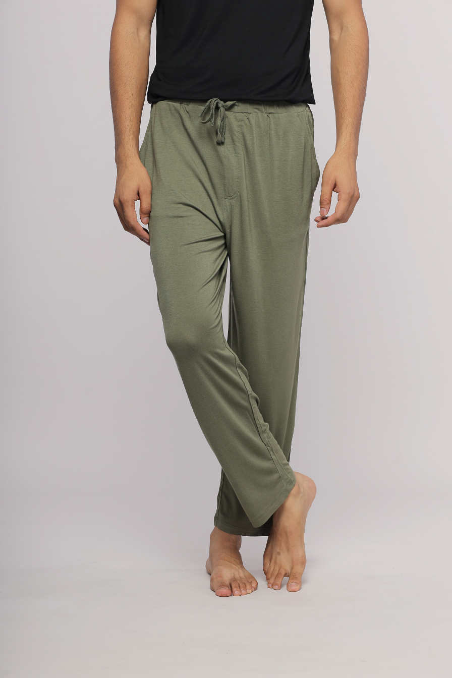 Army green men's lounge set featuring relaxed pants and comfortable fit.