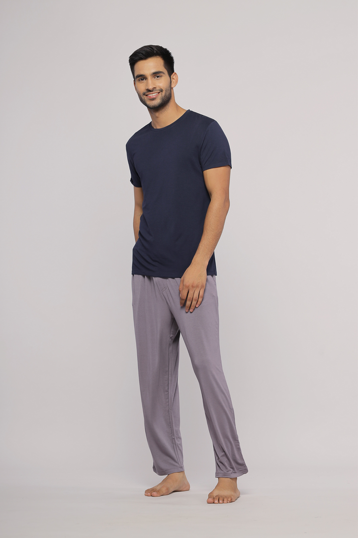 Wanderer Grey Mens Pajama Set featuring a stylish t-shirt and comfortable pants.