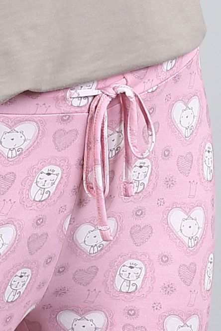 Sassy Kitty Pajama Set featuring cute pink cat print with hearts.