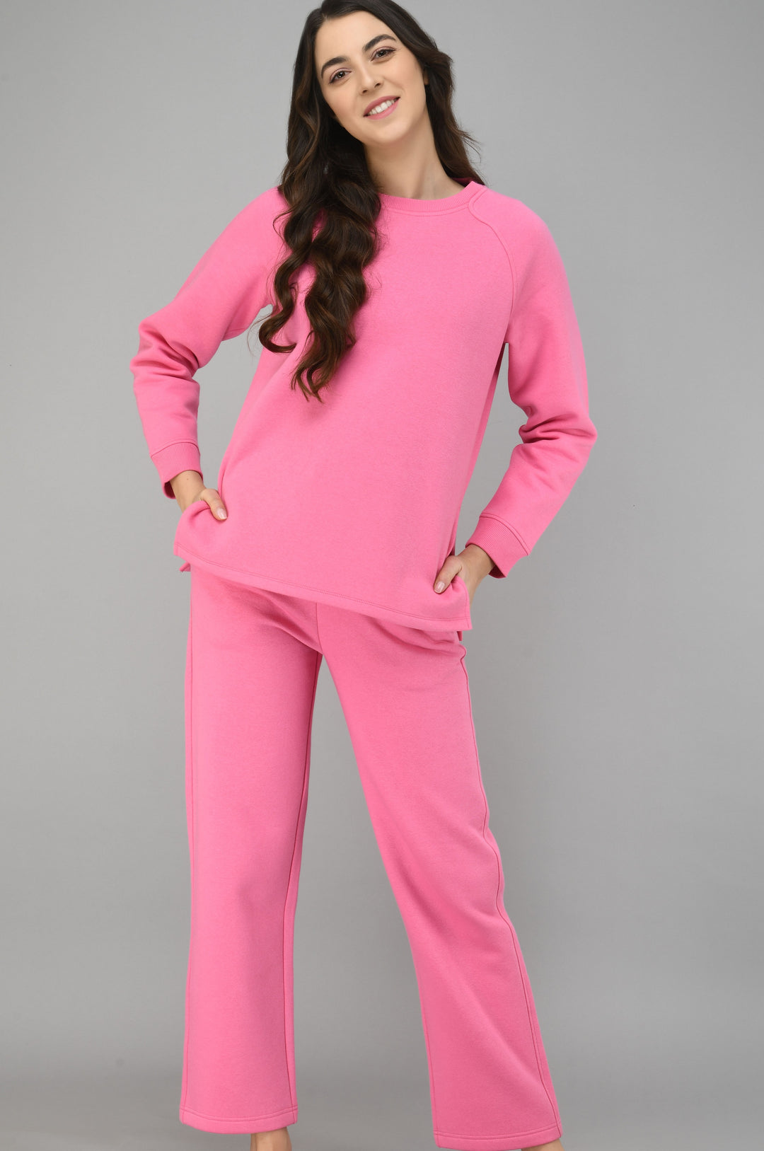 Feisty Pink Fleece Long Pullover Set for cozy casual wear.